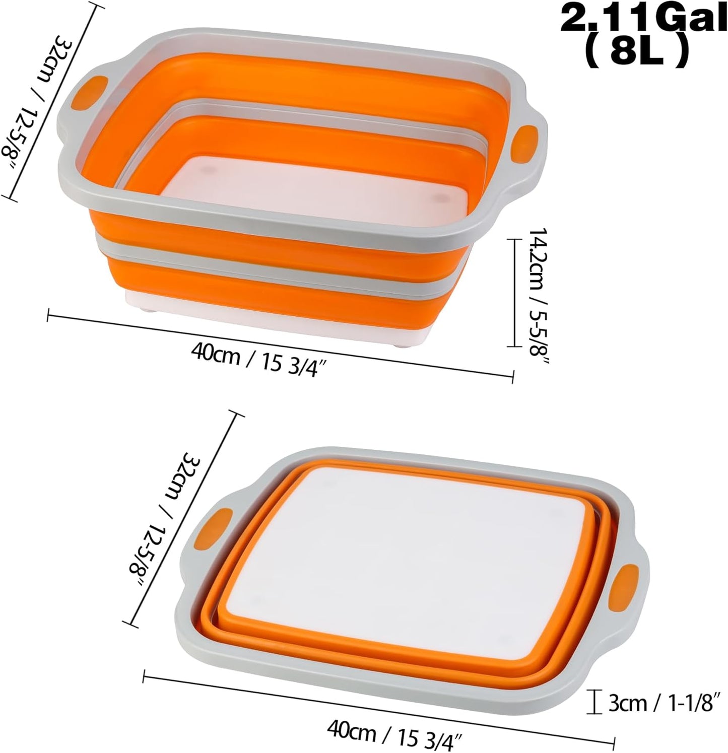 Tiawudi Collapsible Cutting Board with Container, Foldable BBQ Prep Tub, Sapce Saving Dish Basin for Kitchen, Camping, Picnic, Vegetable and Fruit, 2.11 Gal / 8L Portable Sink