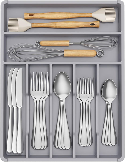 Lifewit Silverware Tray, Deep Wide Cutlery Drawer Organizer Storage for Kitchen, Plastic Flatware Utensil Holder Divider for Spoons Forks Knives Tableware, 7 Compartment, Gray