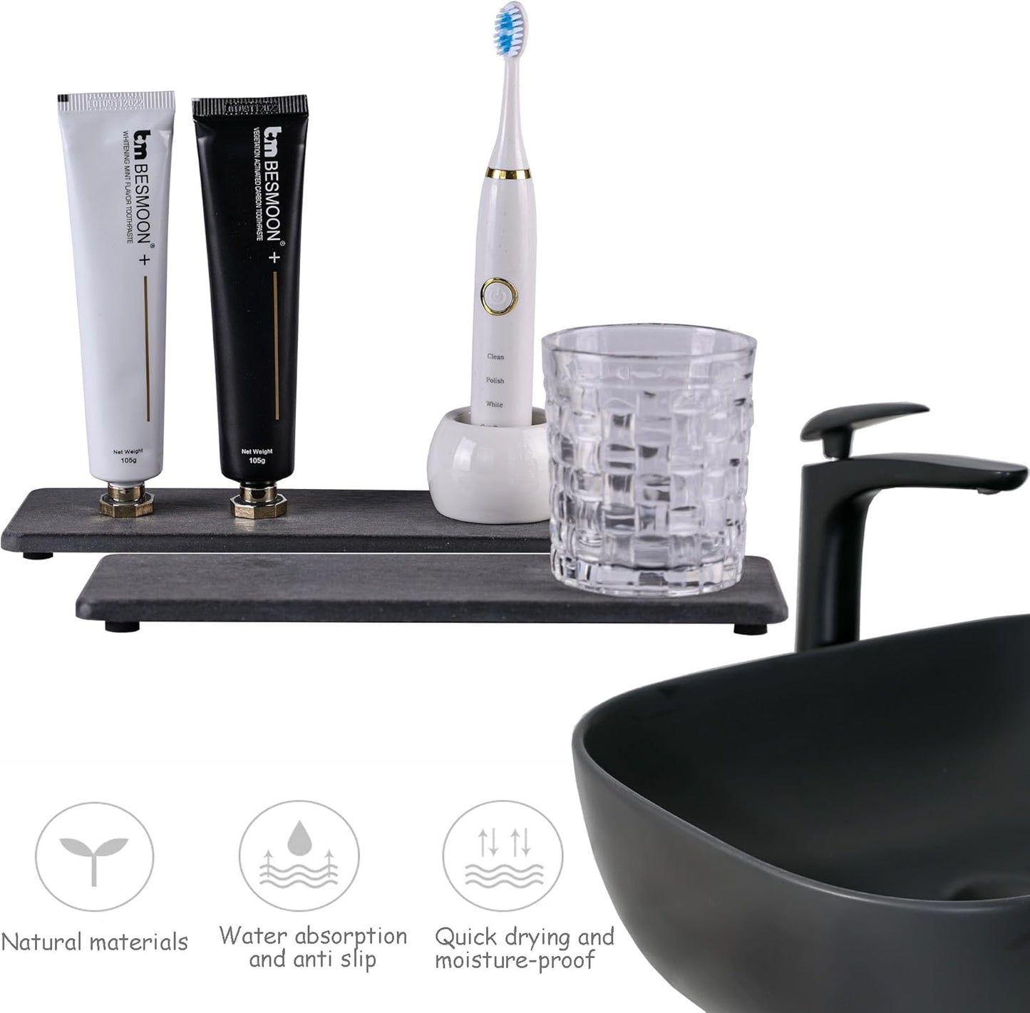 2 Pcs Water Absorbing Stone Trays, Kitchen/Bathroom Sink Soap Dish, Diatomite Tray Used for Hand Soap & Cosmetic Bottles in The Modern Home, 3.15" W x 10.2" L, Dark Gray