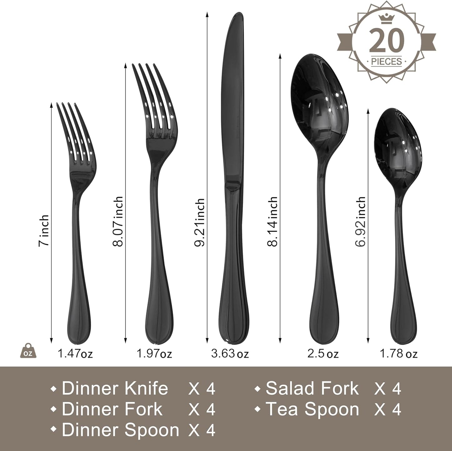 KINGSTONE 20 Piece Teardrop Silverware Set for 4, 18/10 Stainless Steel Flatware Set, Modern Design Cutlery Set for Home/Hotel/Wedding,Mirror Polished and Dishwasher Safe, Black