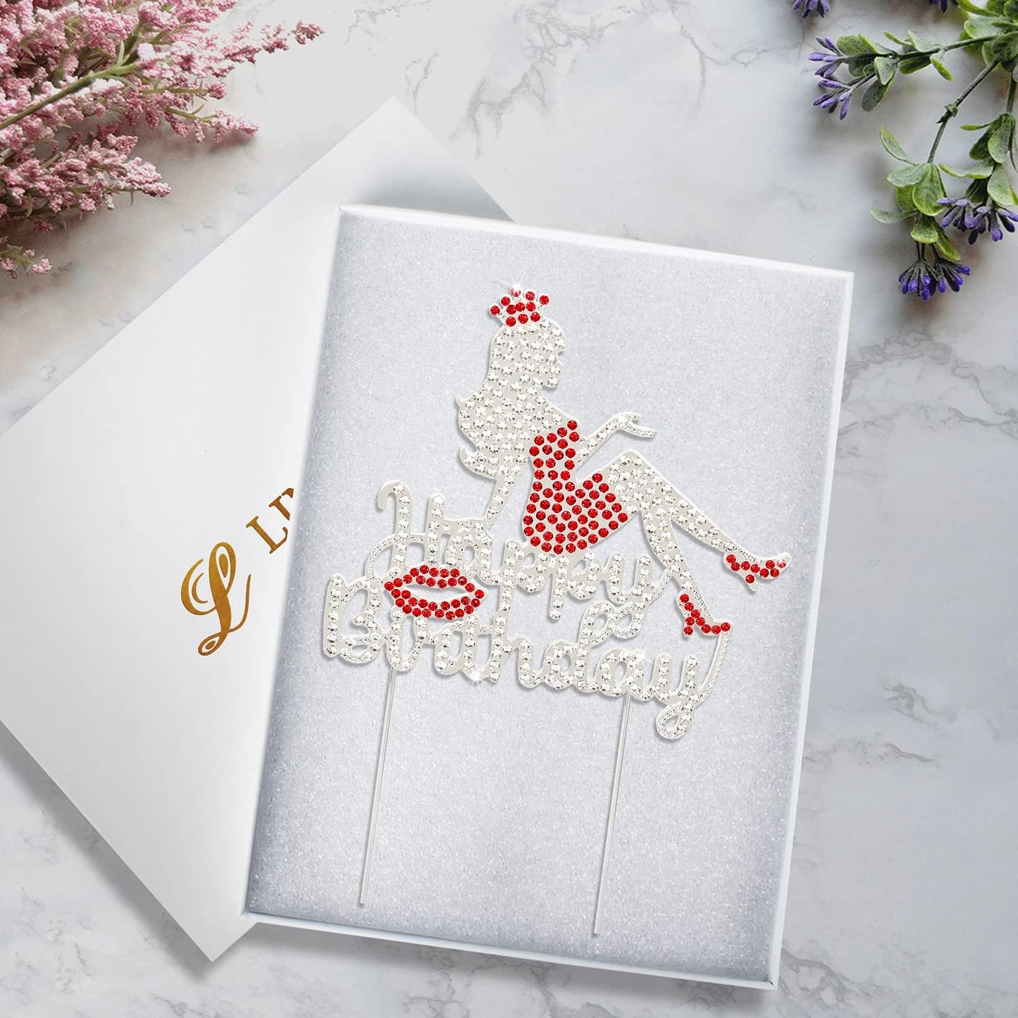 LINGTEER Happy Birthday Crown Queen Lady Rhinestone Cake Topper - Cheers to Makeup Spa Birthday Party Cake Centerpieces Decorations Gift Sign - Red.