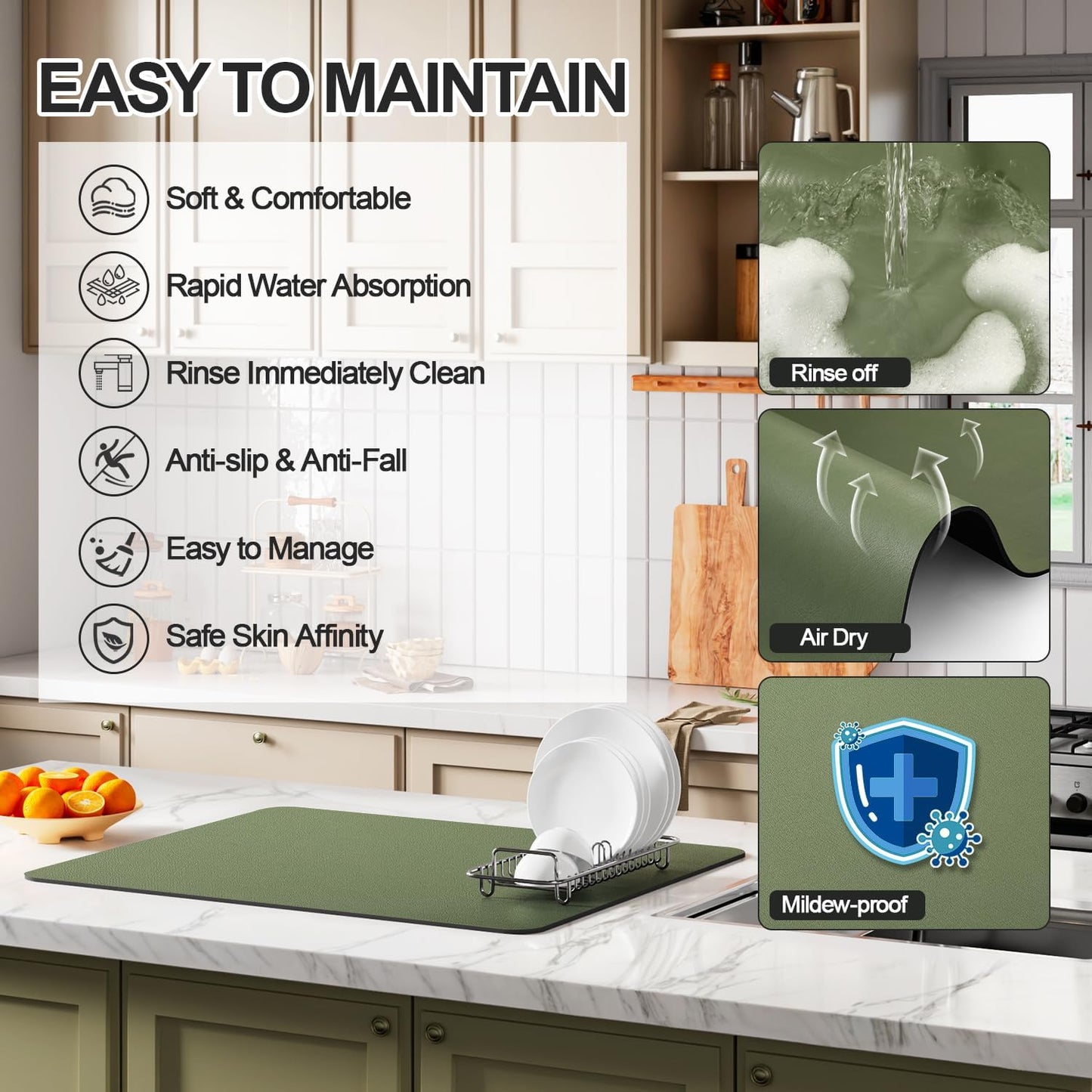 Dish Drying Mat for Kitchen Counter | Coffee Bar Mat for Countertops | Heat Resistant Drainer Mat with Non-slip Rubber Backed | Hide Stain Kitchen Absorbent Draining Mat | Green 18"x24"