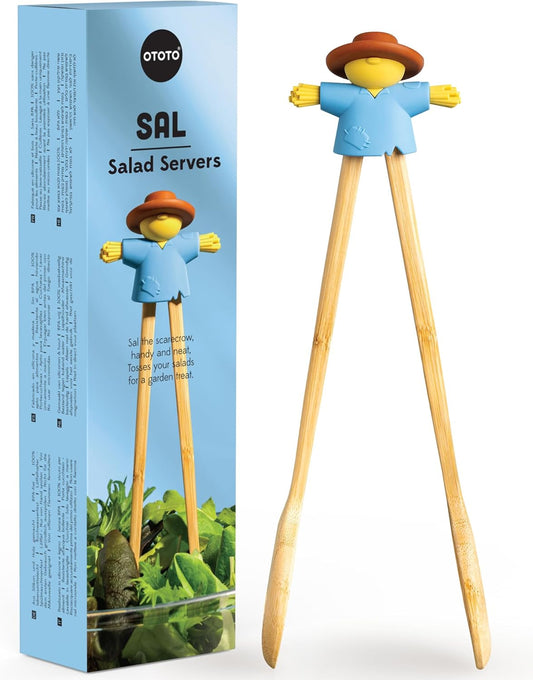 NEW - OTOTO Sal Scarecrow Salad Tongs (2-Piece) - Wooden Tongs Set, Food Safe Toaster Tongs for Serving, Cute Kitchen Tongs, Cool Kitchen Gadgets Accessories, Funny Gifts, Mini Tongs (Blue)