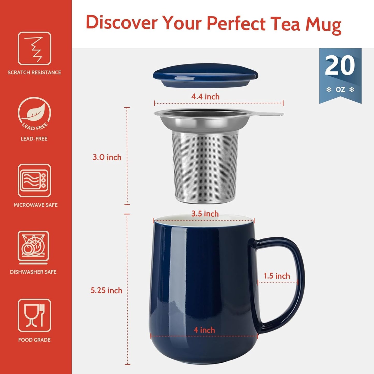 Sweese 20oz Porcelain Teacup with Infuser and Lid, Large Tea Mug for Loose Tea - Microwave and Dishwasher Safe, Insulated, Modern Design for Tea Lovers