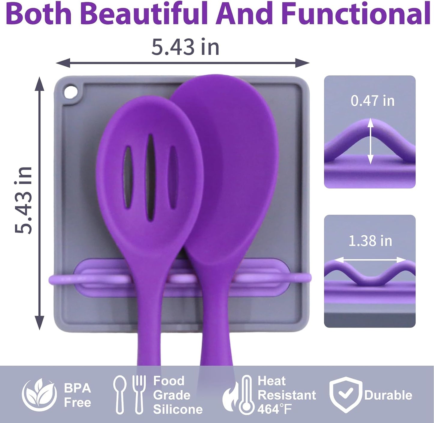 Silicone Spoon Rest for Stove, Heat-Resistant & BPA-Free, Non-Slip Kitchen Utensil Holder for Counter, Gray + Purple