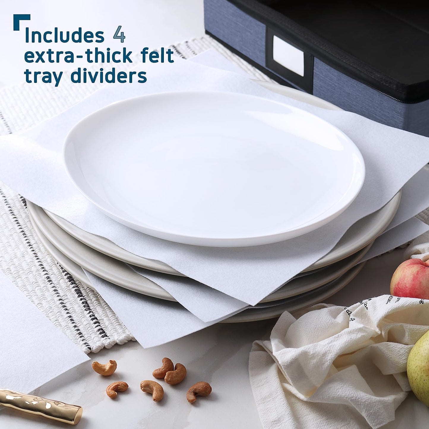 Platter Storage Case – Fine China Storage Containers Hard Shell, Quilted and Stackable 16”x 12.5”x 3.5” Platter Storage Container with Handles and Felt Dividers for Moving and Seasonal Storage, Blue