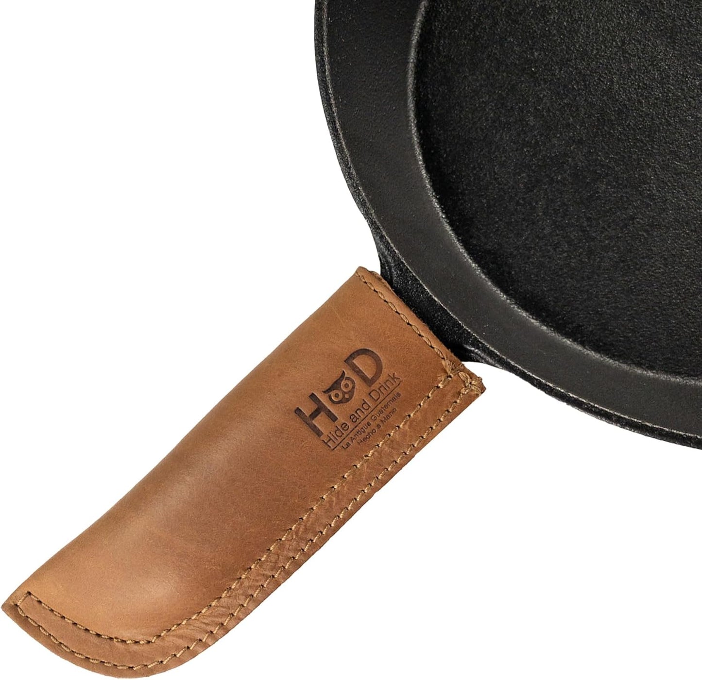 Hide & Drink, Hot Handle, Cast Iron Protector, Panhandle Potholder, Double Layered, Double Stitched, Slides On/Off Easily onto Metal Skillet Grips, Full Grain Leather, Handmade (Cafe Con Leche)