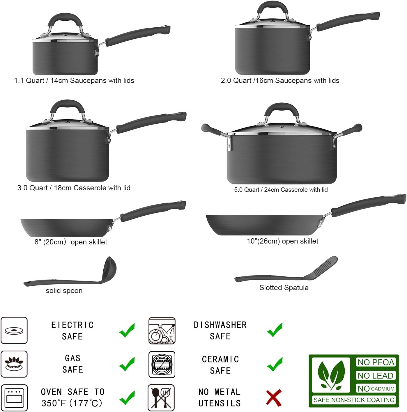 Amazon Basics Hard Anodized Non-Stick 12-Piece Cookware Set, Black - Pots, Pans and Utensils