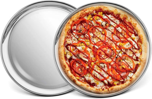 P&P CHEF 10 Inch Pizza Pan, Stainless Steel Round Pizza Tray Baking Pans, Pizzas Plate Serving Tray for Cookie Meat, Oven & Dishwasher Safe & Easy Cleaning, (Mirror Finish) - 2 Pieces