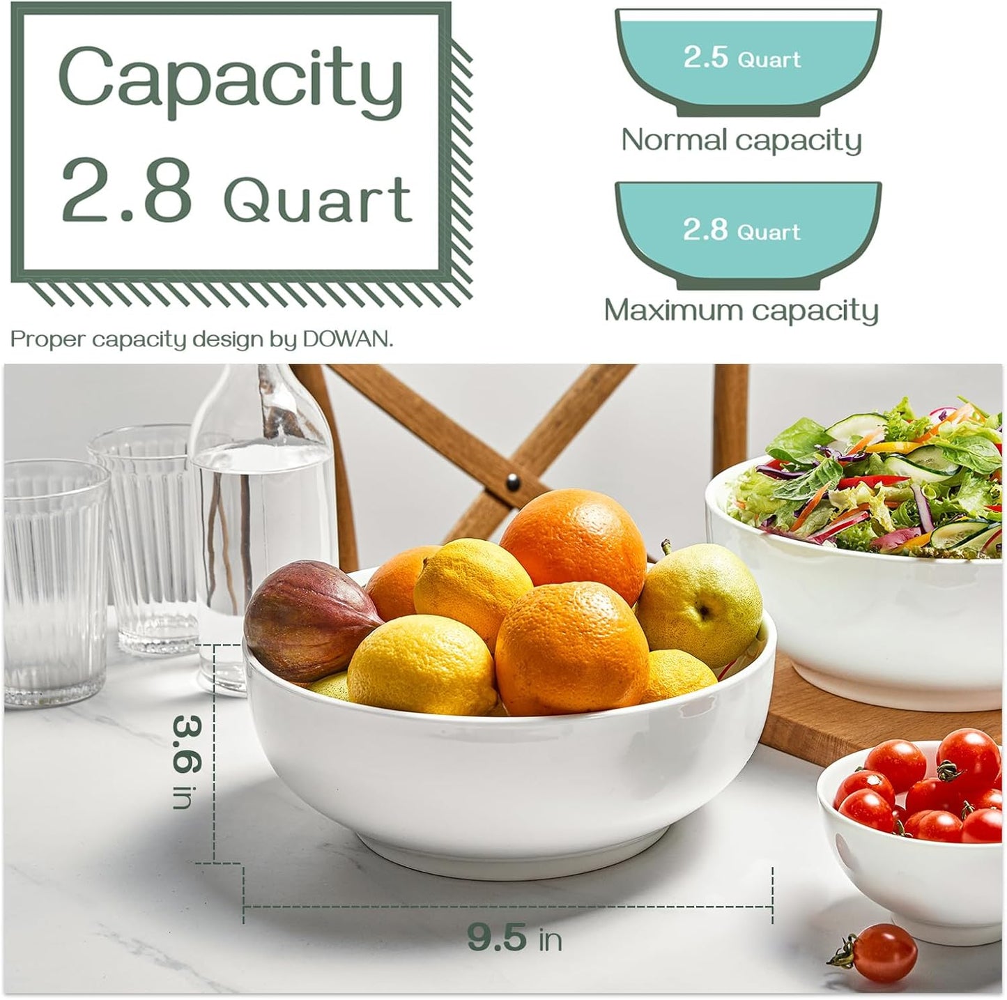 DOWAN Serving Bowls, 9.5" Large Salad Bowls for Entertaining, Side Dishes, Pho, Pasta, Centerpiece Bowls for Dinner Parties, Kitchen Decor, Microwave & Dishwasher Safe, White