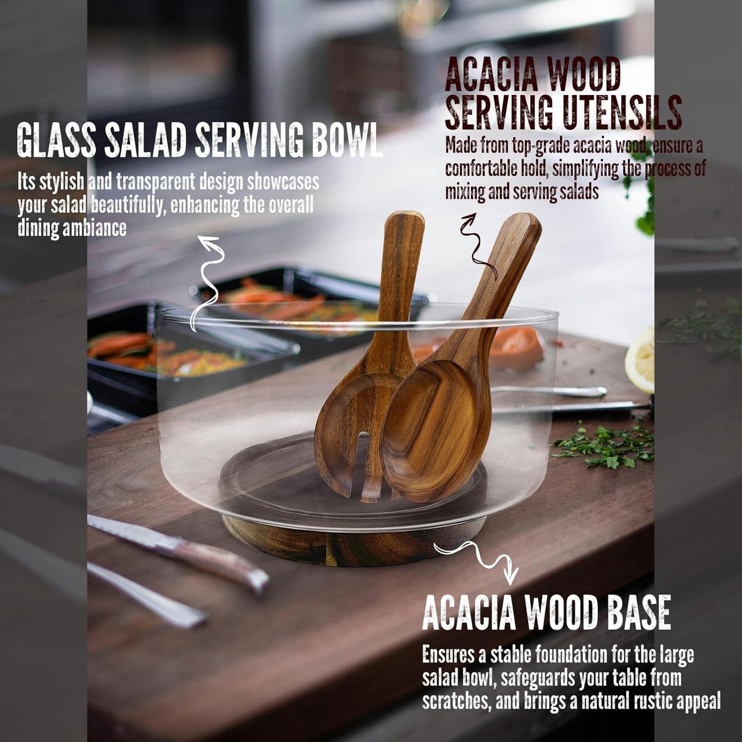 Premium Large Glass Salad Bowl Set with Acacia Wood Base and Serving Utensils - Ideal for Hosting Parties, Host Family Gatherings, and Everyday Use - Elegant, Durable, and Practical Kitchen Essential