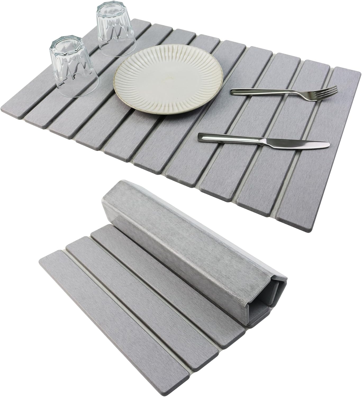 Large Stone Drying Mat for Kitchen Counter Diatomaceous Earth Collapsible 24”（L）*16”（W）Super Heat Resistant Mats, Quick Absorbent Dish Drying Rack（Light Gray）