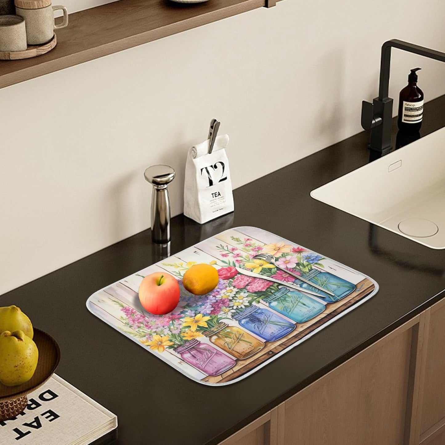 Spring Floral Jars Rustic Dish Drying Mat for Kitchen Counter Absorbent Microfiber Small Drying Pad Flowers Dish Mats for Kitchen Countertops 16 x 18 Inch