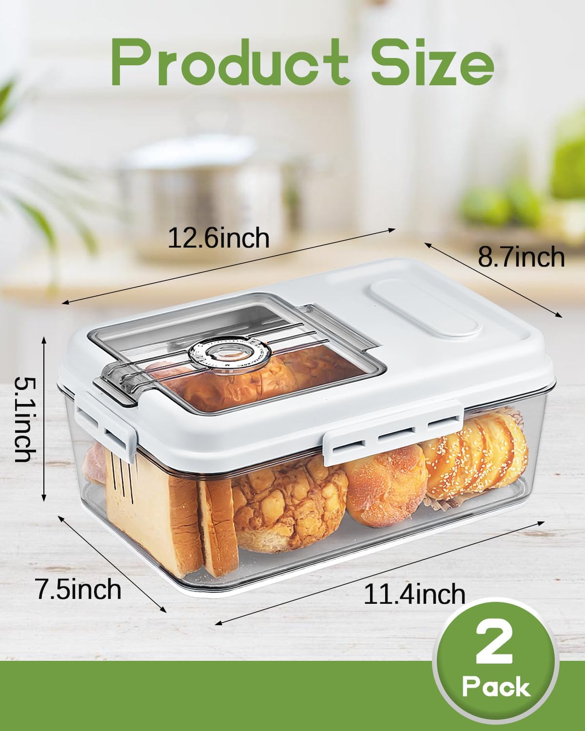 Dynta 2 Pack Bread Box for Kitchen Countertop Airtight Bread Storage Container with Lid Time Recording Plastic Bread Keeper for Homemade Bread, Toast, Loaf and Cookies