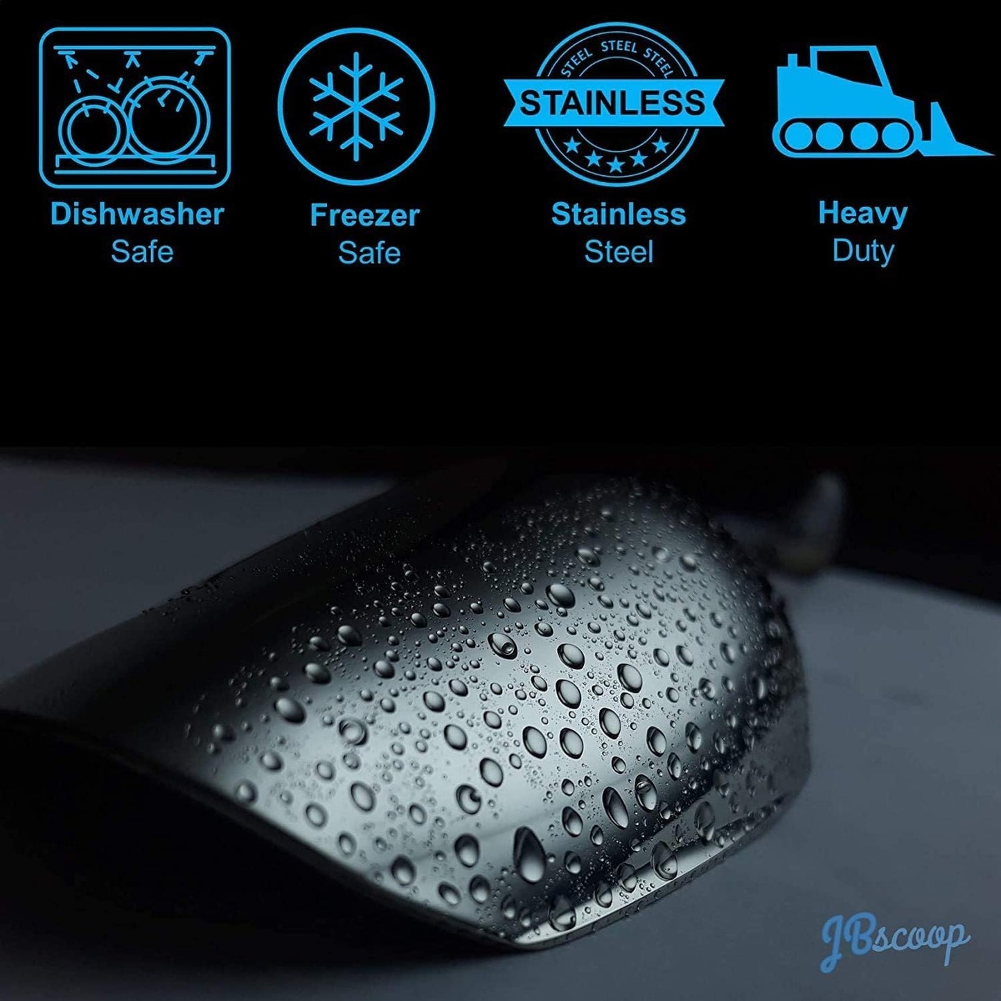 JBscoop Large Ice Scoop with Holes. Stainless Steel Ice Scoop with Drain Holes to Reduce Unwanted Dilution. Heavy Duty and Dishwasher Safe. Six Ounce Capacity.