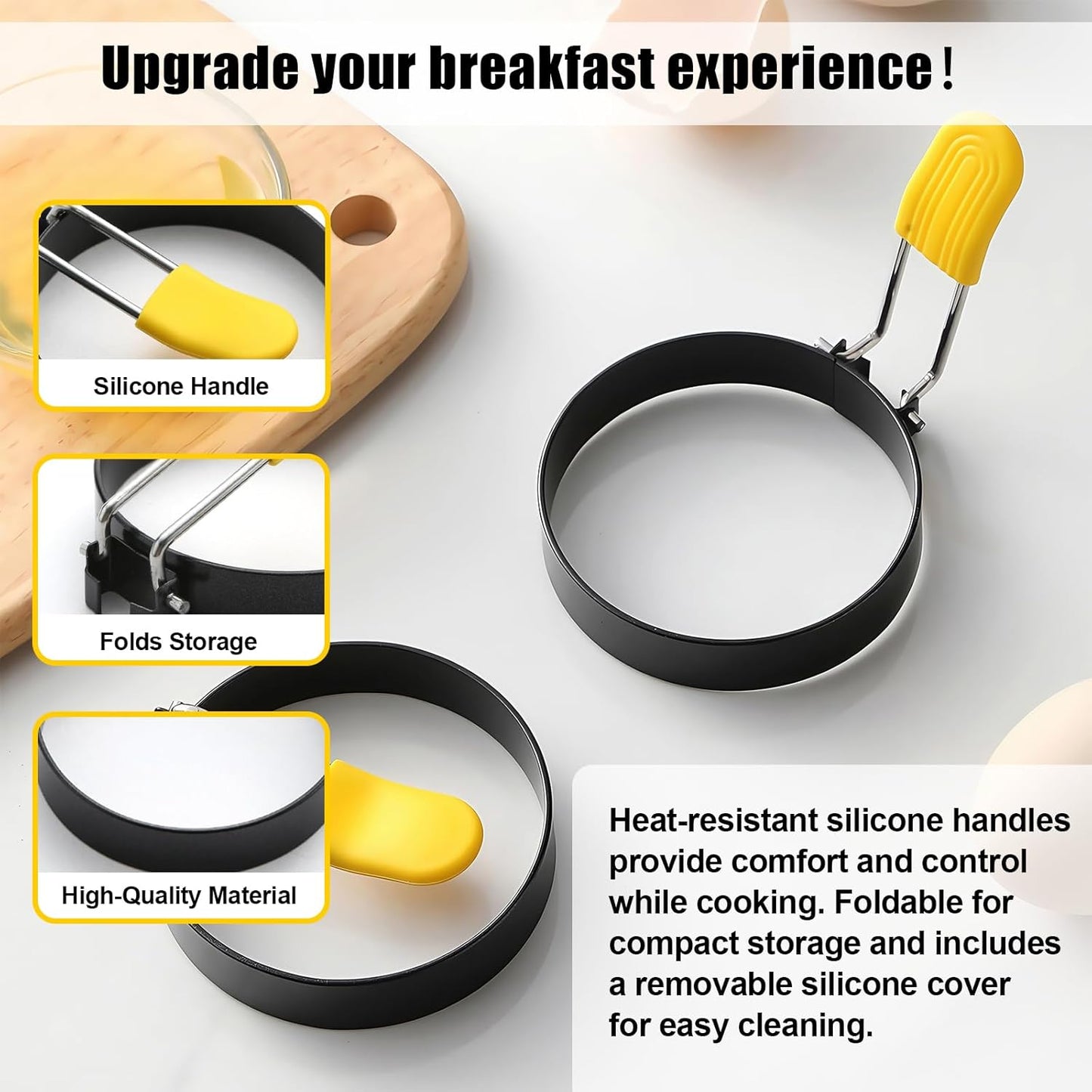 4 Pack Fried Egg Molds Round Stainless Steel Fried Egg Ring with Silicone Handle Perfect for Making Breakfast Sandwiches, Burgers, Pancakes Suitable for Home or Breakfast Carts (3 inch）
