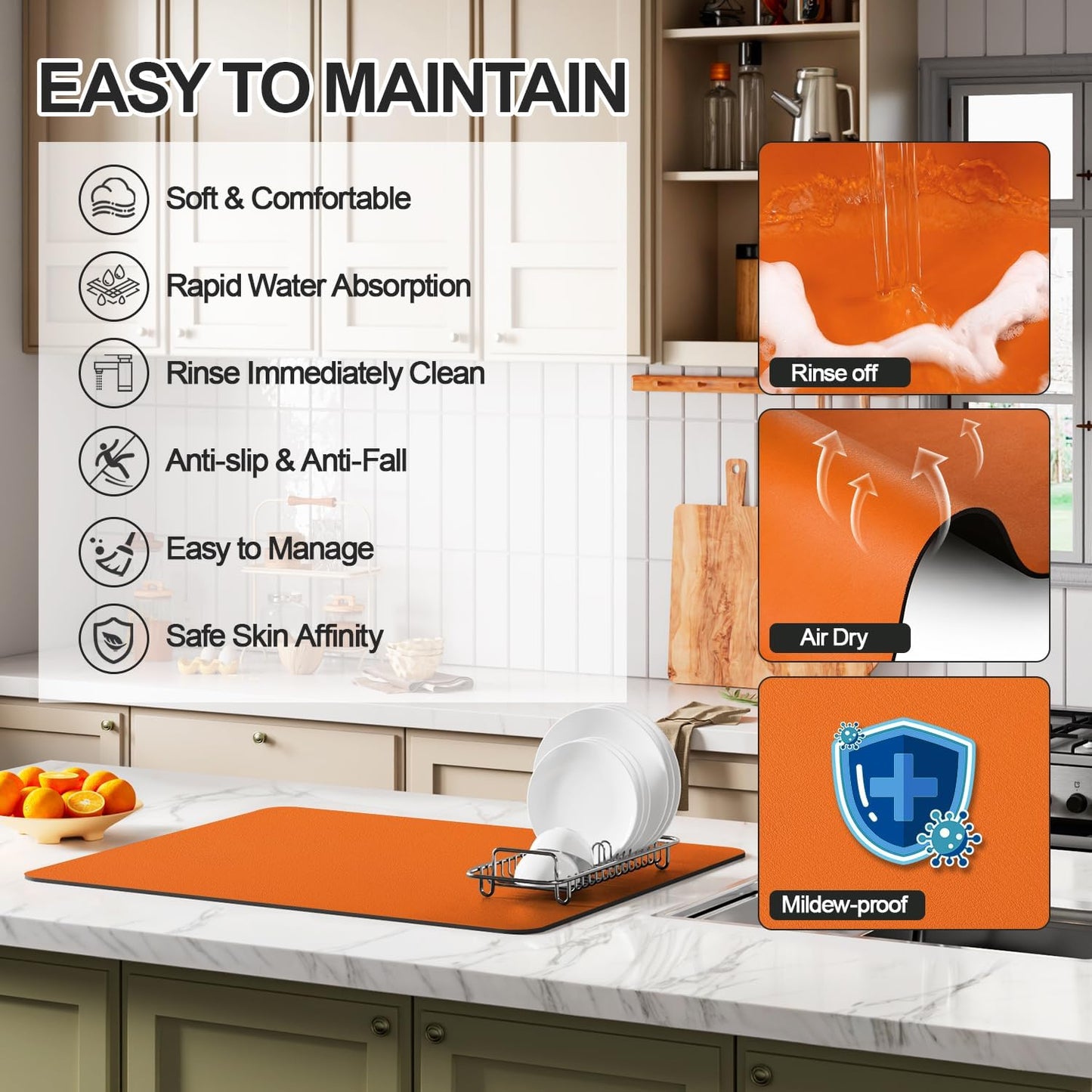 Dish Drying Mat for Kitchen Counter | Coffee Bar Mat for Countertops | Heat Resistant Drainer Mat with Non-slip Rubber Backed | Hide Stain Kitchen Absorbent Draining Mat | Orange 16"x18"