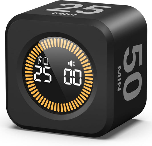 KADAMS Pomodoro Cube Timer Productivity Visual Timer - 5/10/25/50 Min Rotating Countdown, Customize Countup Silent Mode- for Work Study Cook Workout Kitchen Back to School Classroom(Black)
