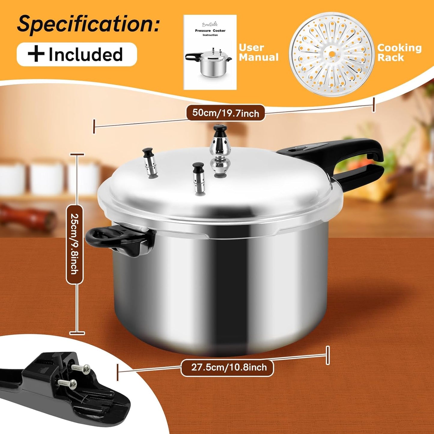 BreeRainz 12 Quart Pressure Cooker, Aluminum Pressure Canner w/Cooking Rack for Steaming,Canning and Stewing, Silver