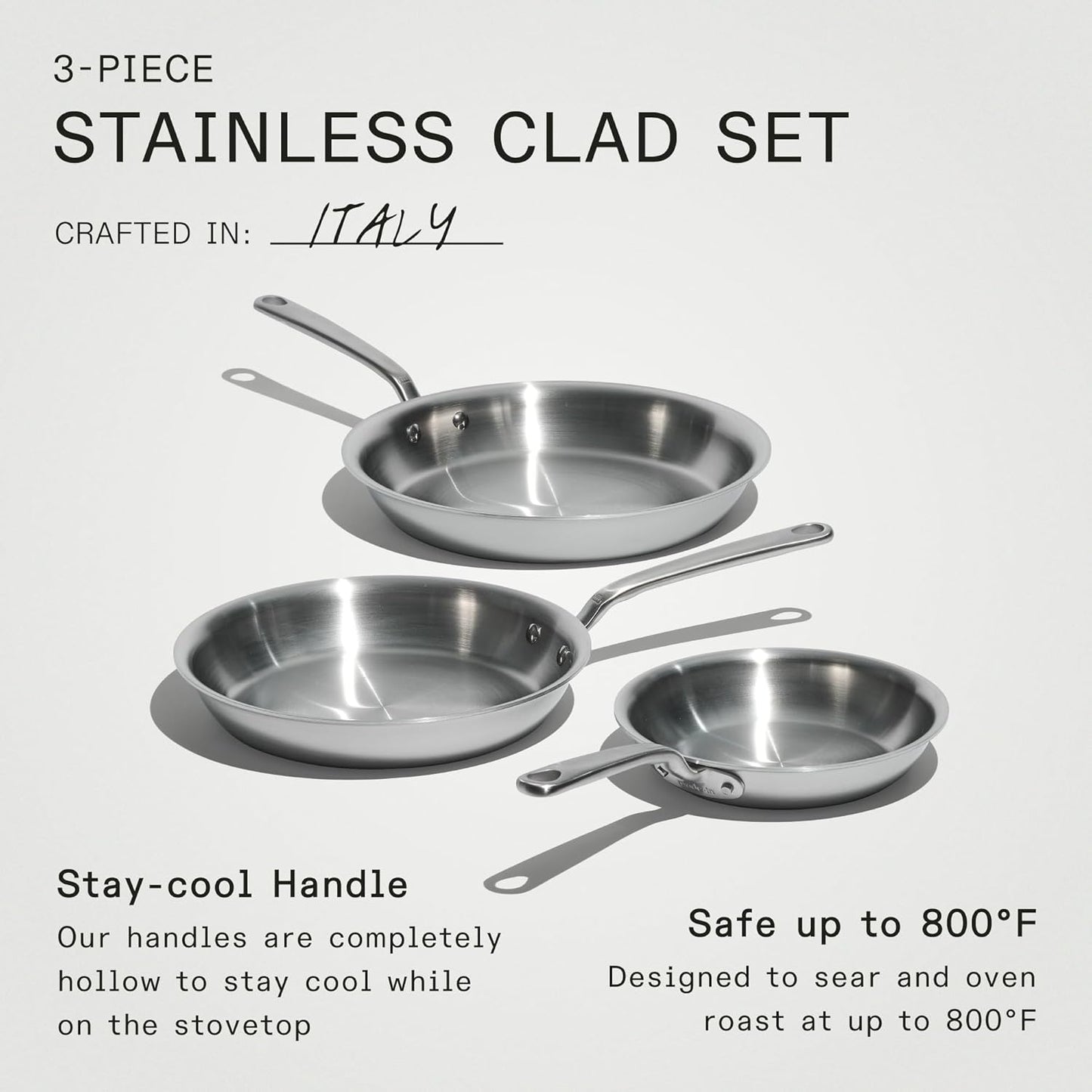 Made In Cookware - 3-Piece (Includes 8",10",12") Stainless Frying Pan Set - 5 Ply Stainless Clad - Professional Cookware - Crafted in USA - Induction Compatible