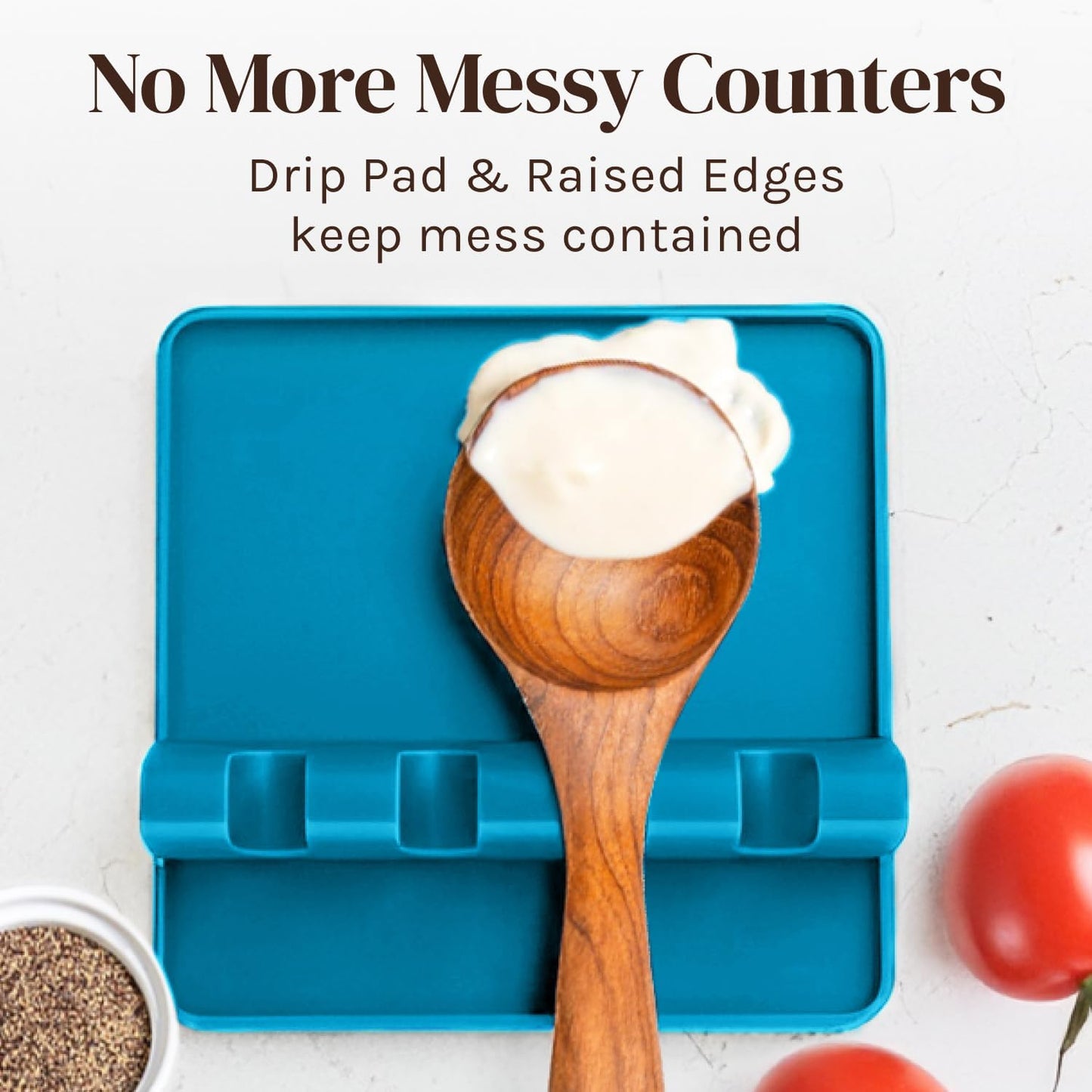 Silicone Spoon Rest for Stove Top with Drip Pad (Two Pack) - Heat Resistant BPA Free Utensil Rest & Spoon Holder for Kitchen Counter - Grill Utensil Holder - Spatula Holder, Tongs, Ladle - Light Blue