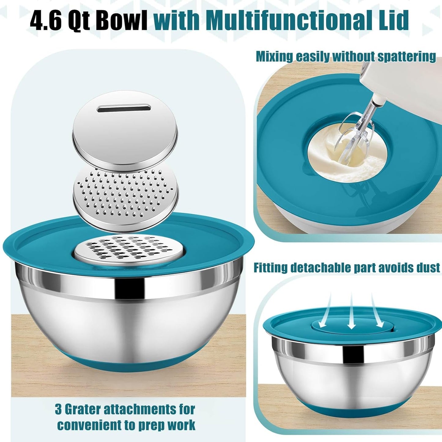 P&P CHEF Mixing Bowl with Lid Set, 5 Piece Stainless Steel Mixing Nesting Bowls for Salad Storage, 3 Grater Attachments & Non-Slip Bottoms, Size 1/1.5/2 / 2.6/4.6 QT, Blue