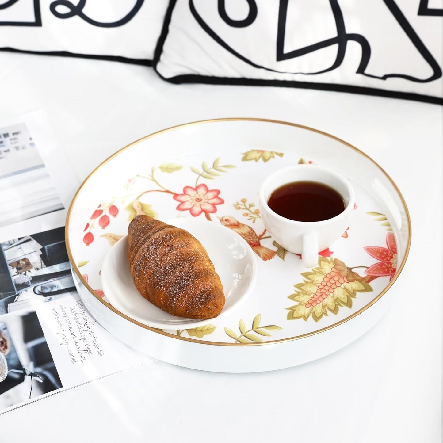 Spsyrine Decorative Serving Tray with Handles, Lacquered Coffee Table Tray for Ottoman, Round Waterproof Platters for Centerpieces, Parties, Living Room, Kitchen Counter Organization Yellow