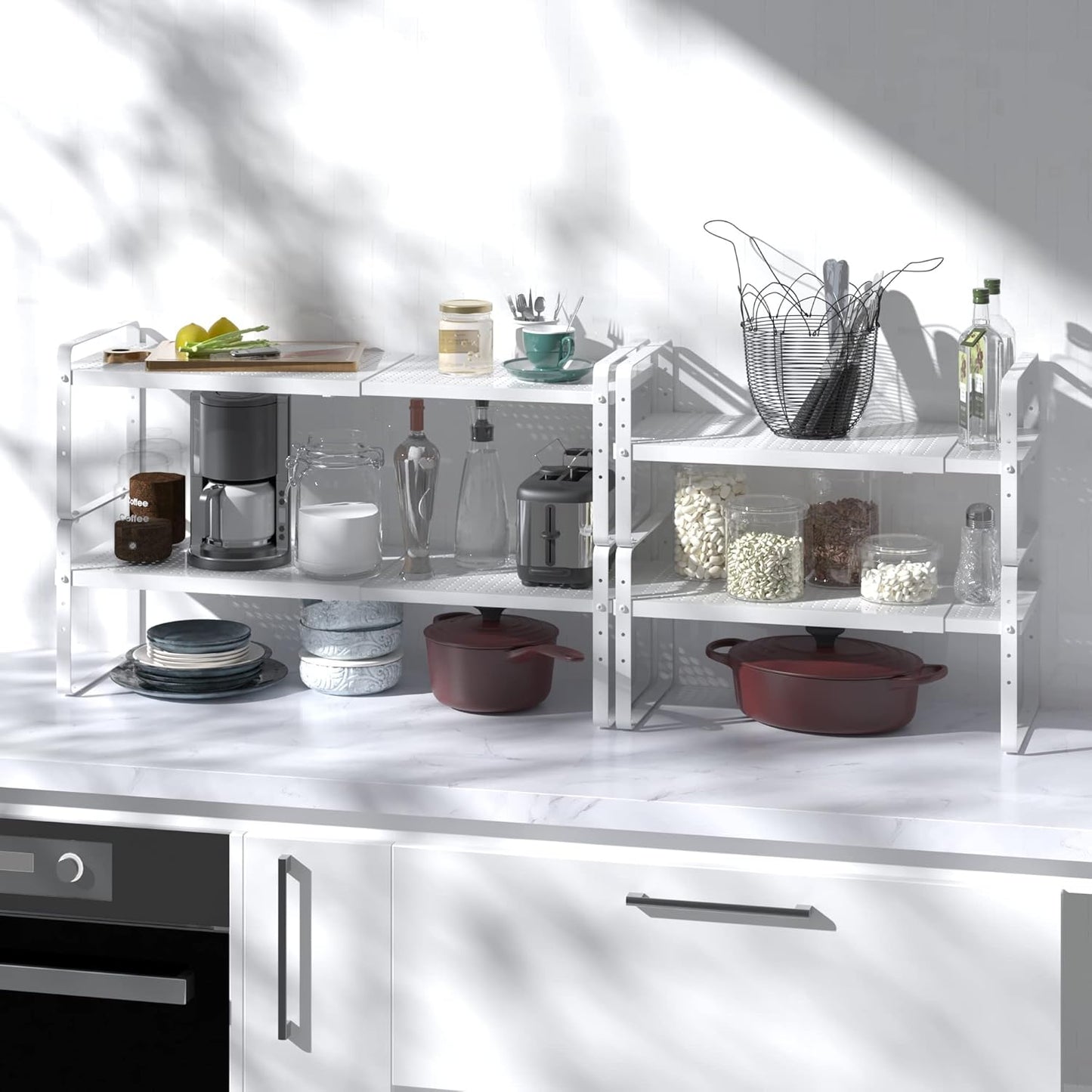 Expandable Cabinet Shelf Organizer Adjustable Metal Spice Rack Stackable Freestanding Counter Storage Shelves for Kitchen Cabinet Under Sink Office Desk (White - 1Pack - L16.5-27'' * W8'' * H9.6'')