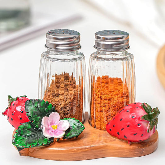 Salt And Pepper Shakers Set Dispenser with Resin Strawberry Figurine And Statues Holder - Glass Spice Jars Included