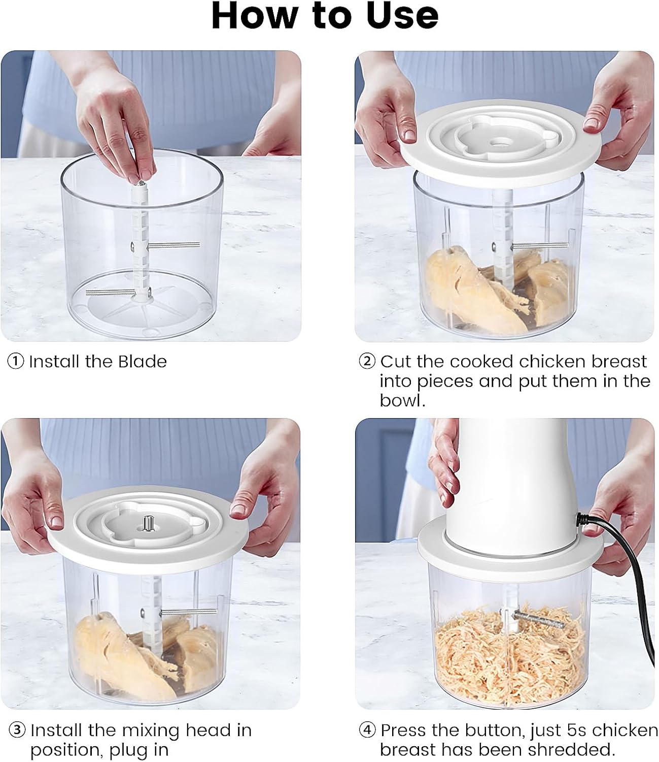 Electric Chicken Shredder, Automatic Food Chopper with Chicken Breast Shredder & Meat Grinder, 2 Sets of Blades for Chicken/Pork/fish/Vegetable/Baby Food (White)