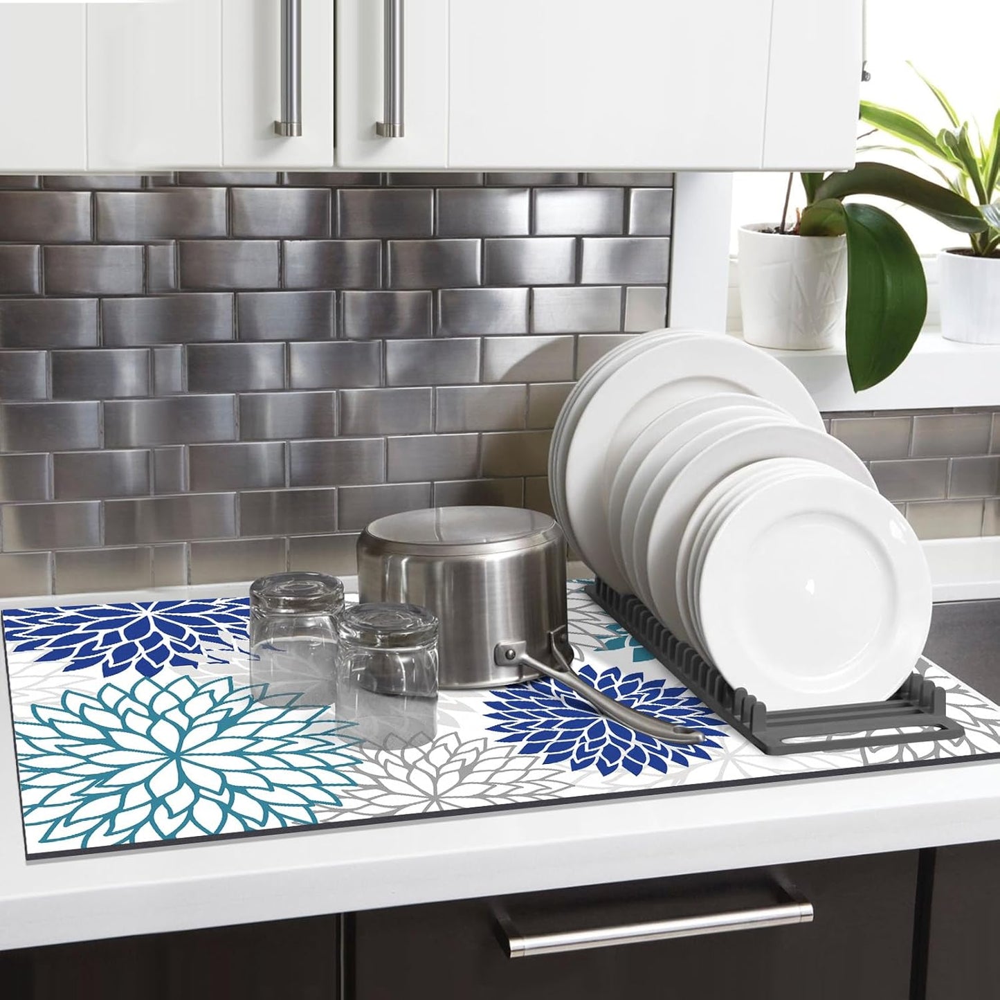 Findosom 2PCS 16" x 24" Dish Drying Mat & 24" x 5.5" Sink Splash Guard, Super Absorbent & Cuttable Dish Mat Drying Kitchen Mat with Blue Floral, Hide Stain Drying Mat for Kitchen Counter