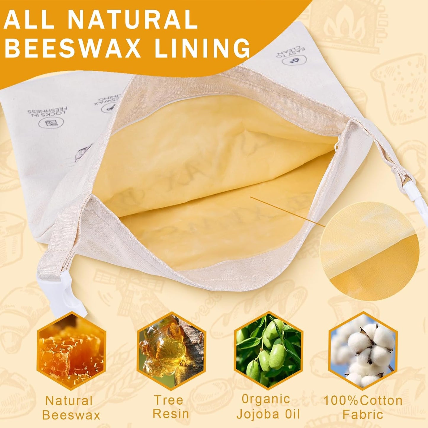 2-Pack Reusable Beeswax Bread Bags for Sourdough & Homemade Bread，Cotton Waxed Bags Keeps Fresh Longer(Amber Wheat)