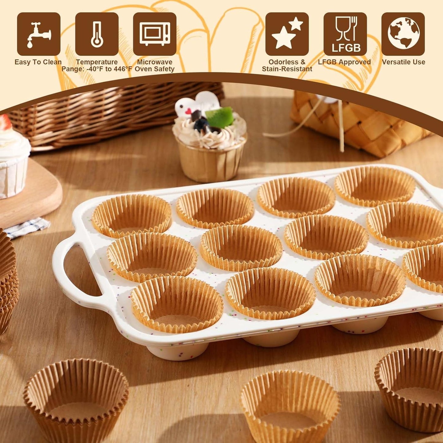 2 Silicone Muffin Pans for Baking with 200 Mini Cupcake Liners, Back to School 1st First Day of School Kitchen Dorm Room Bakeware Supplies, Muffin Tin(12-Cup Regular)