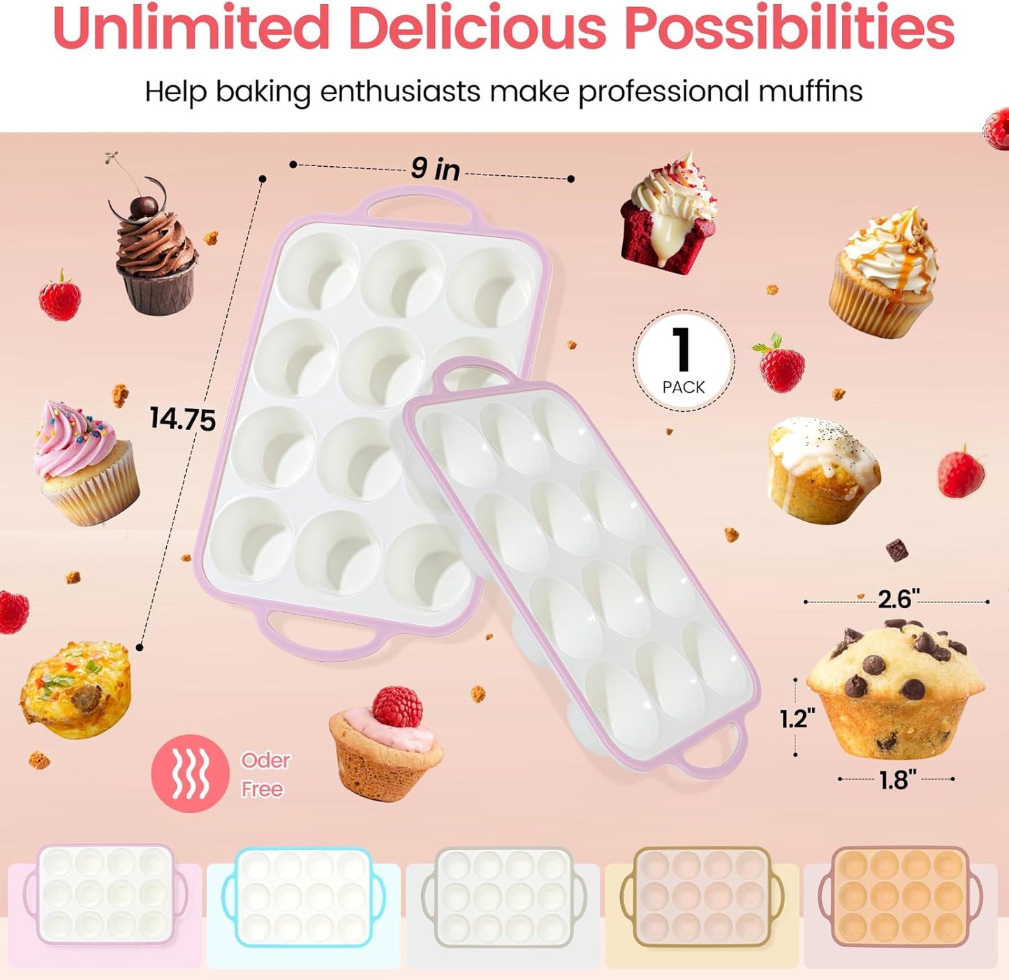 Silicone Muffin Pans for Baking 1 Pack, 2.6 Inch with Metal Reinforced Frame, Regular Size Nonstick Silicone Cupcake Pan for Baking Homemade Muffins, Cupcakes, Dishwasher Safe BPA Free-Pink