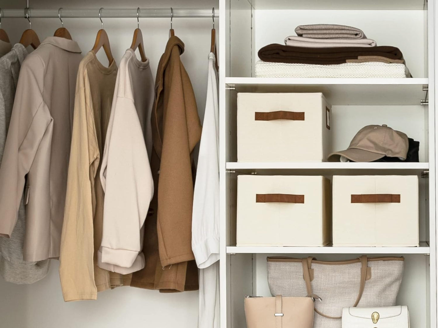 StorageWorks Storage Baskets for Shelves, Foldable Fabric Closet Storage Bins with PU Handles, Fabric Storage Bins Clothes Organizer, Ivory White, 3-Pack, Large