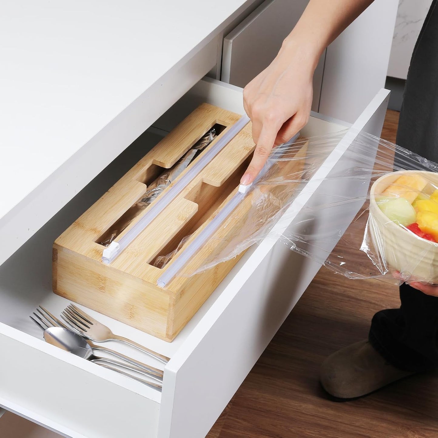 2 in 1 Plastic Wrap Dispenser with Cutter，Bamboo Foil and Plastic Wrap Organizer,Aluminum Foil and Wax Dispenser for Kitchen Drawer Storage Organization