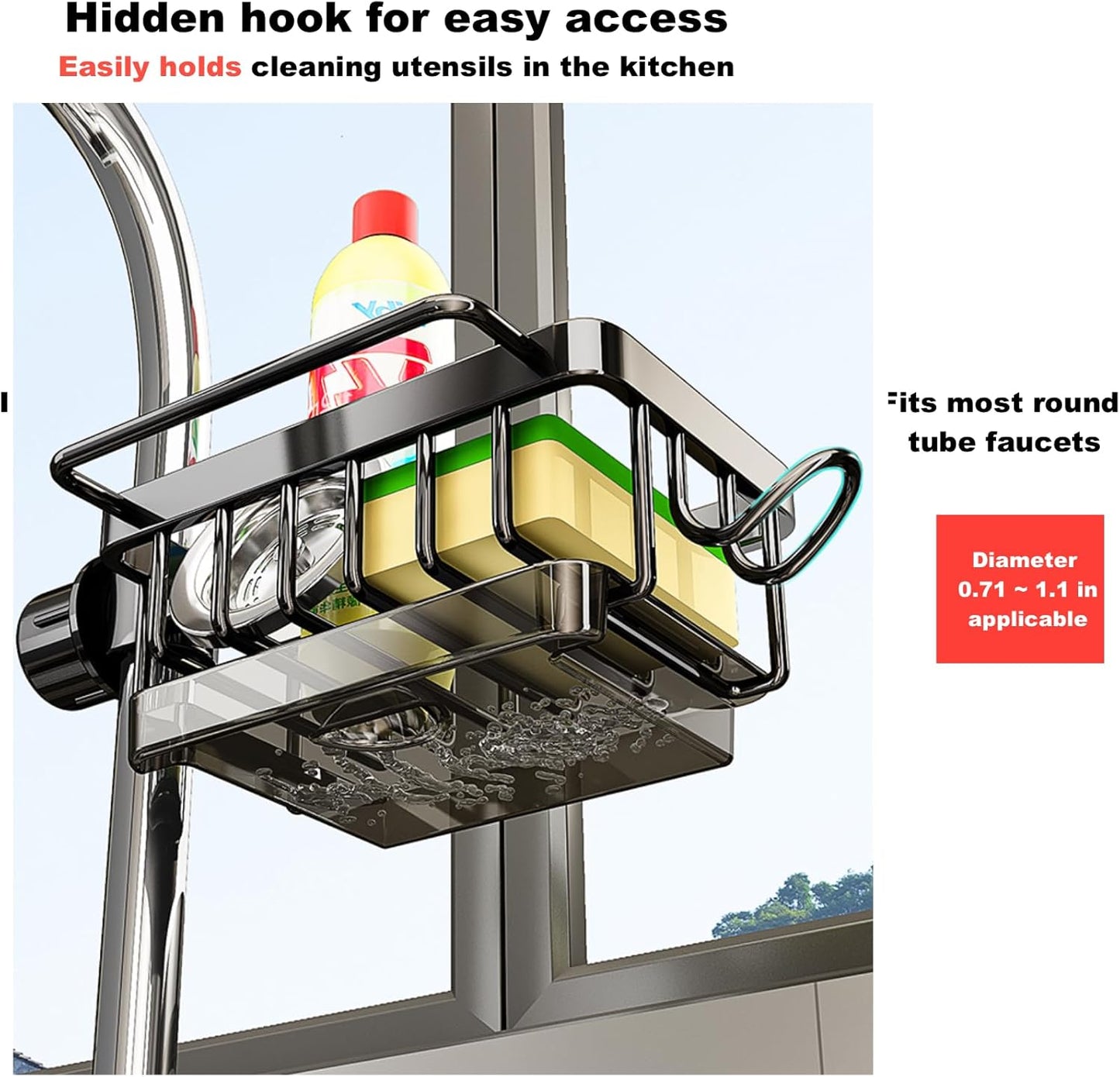 Sink Organizer Rack for Kitchen and Bathroom, 2024 New Stainless Steel Detachable Hanging Faucet Drain Rack with Drip Tray Faucet Sponge Holder for Bathroom (Black, Right)