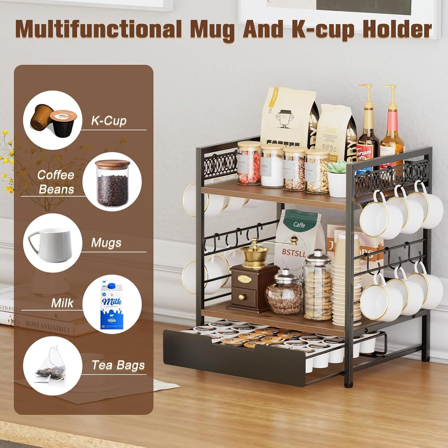 Coffee Bar Organizer, 3 Tier Coffee Station Organizer for Countertop, 30 K Cup Pod Drawer, Mug Cup Holder Stand With 12 Hooks, Multifunctional K Pods Shelf Storage Holder Drawer