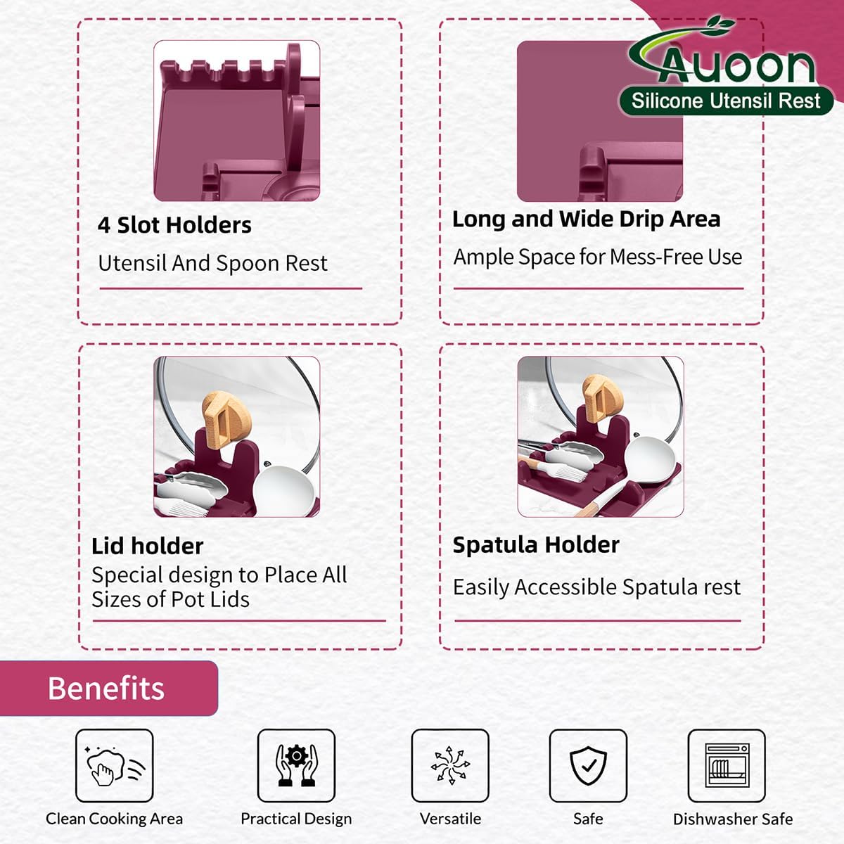 AUOON Spoon Holder for Stove - Silicone Spoon and Lid Rest with Drip Pad Kitchen Utensil Rest for Spoons, Ladles, Spatulas, Tongs & More (Cherry, Large)