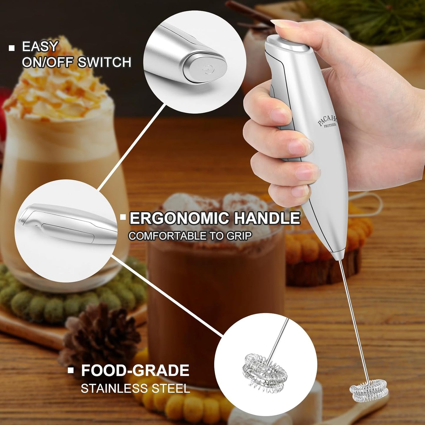 Powerful Milk Frother with Stand with Double Whisk, Handheld Electric Foam Maker, Hand Mixer Wand, Portable Mini Blender Foamer Stirrer for Coffee Creamer, Latte, Matcha,Hot Chocolate, Silver