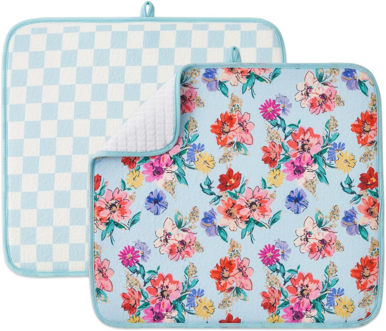 FRESHMINT Printed Dish Drying Mats for Kitchen Counter 2 Pack Absorbent Reversible Drying Mats Microfiber Kitchen Countertop Protector Dishes Drying Pad Extra Large 18"x16" Dish Mat