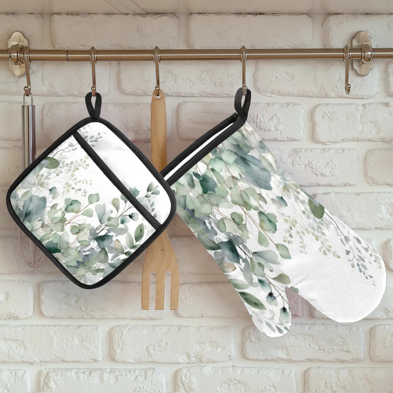 Sage Green Eucalyptus Oven Mitts and Pot Holders Sets, 2 Pcs Decorative Kitchen Oven Glove for Cooking