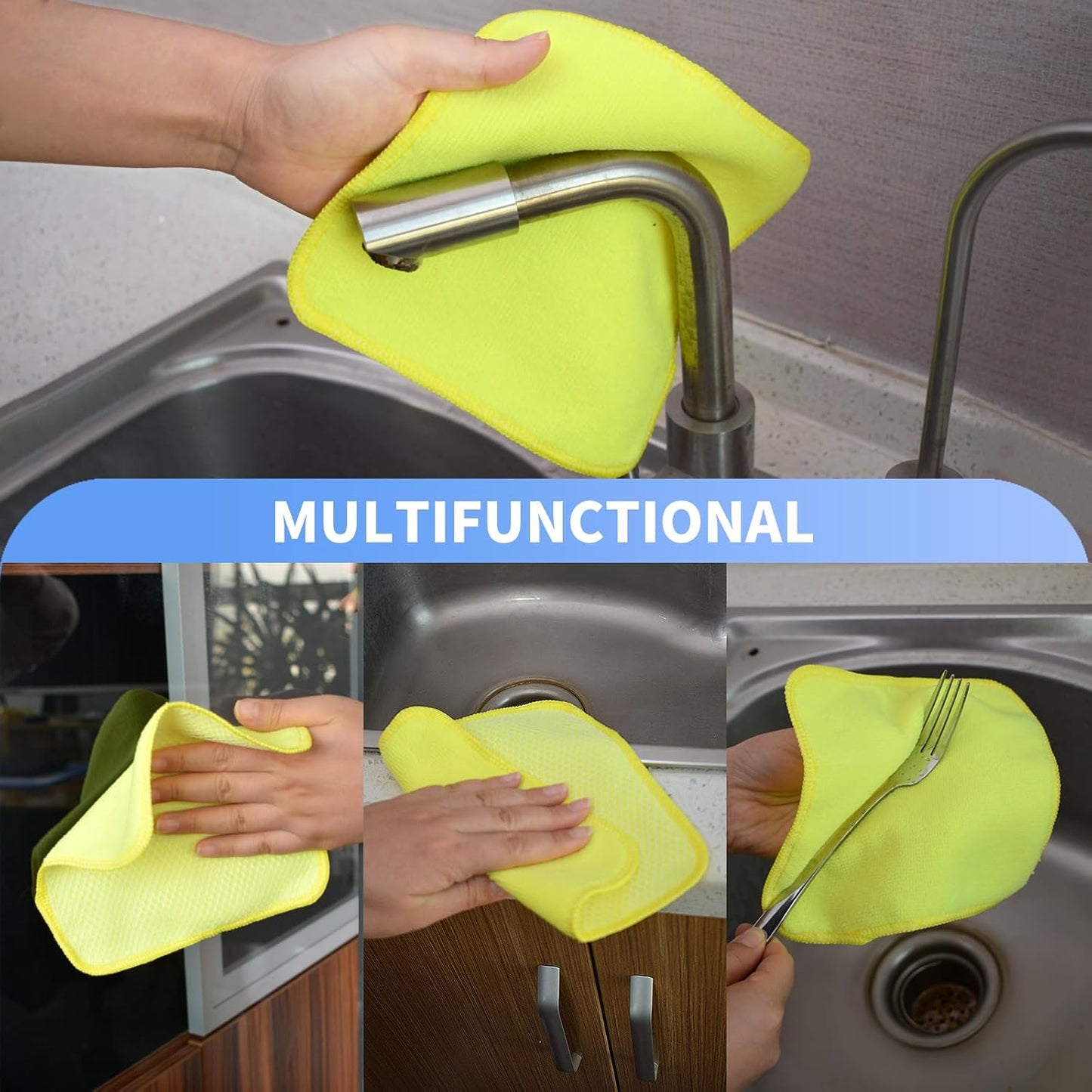 KinHwa Kitchen Washcloths for Dishes Absorbent Microfiber Dish Cloths Quick Dry Dish Rags with Poly Scour Scrub Side Ideal for Kitchen Cleaning (Yellow, 7inchx7inch 9 Pack)