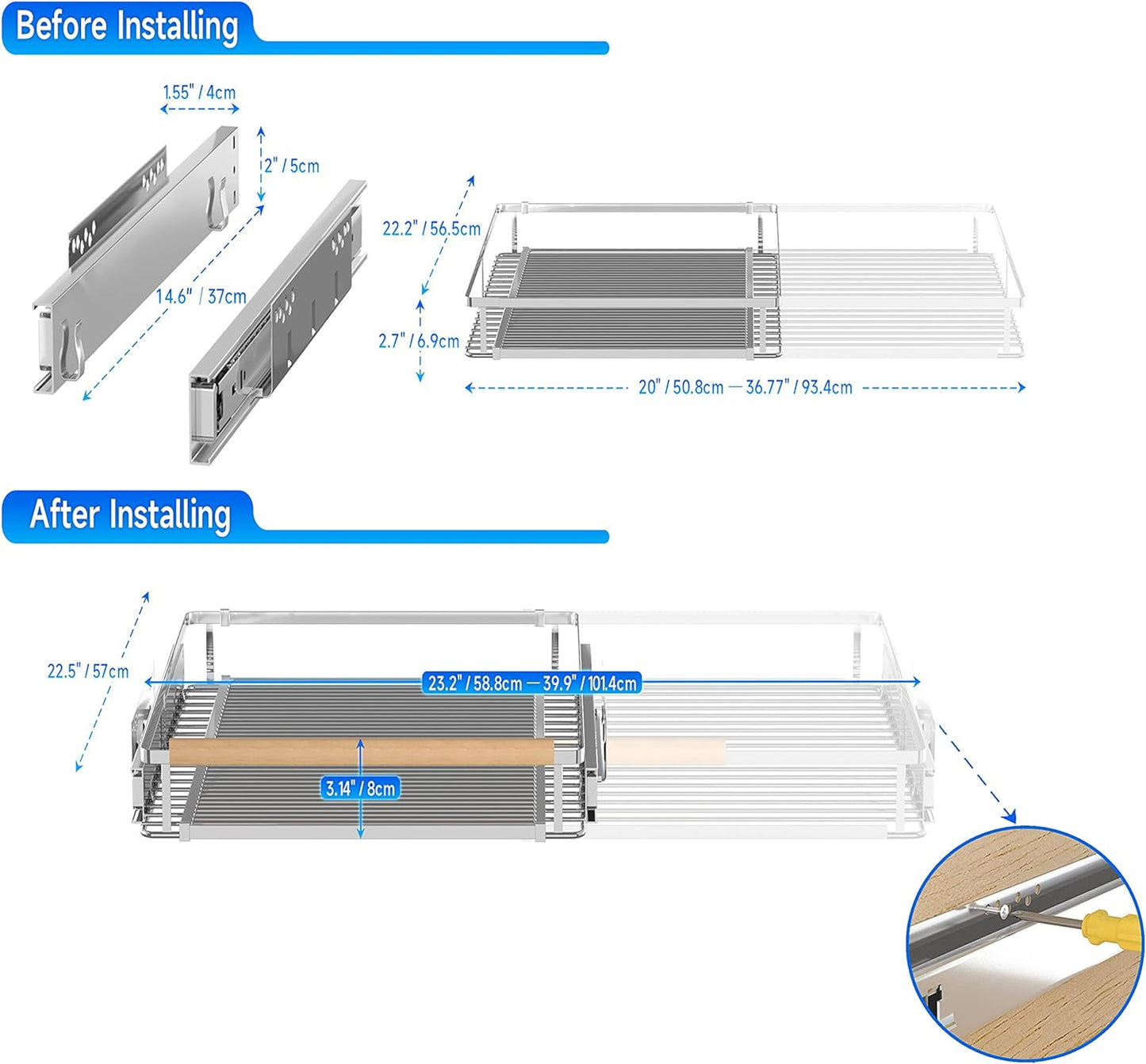 2Pack Expandable Pull Out Cabinet Organizer, 23~39.8"W x 22.5"D Heavy Duty Slide Out Shelves Adjustable Height Cabinet Pull Out Shelves,Expandable Width Spice Rack Organizer for Kitchen Cabinet