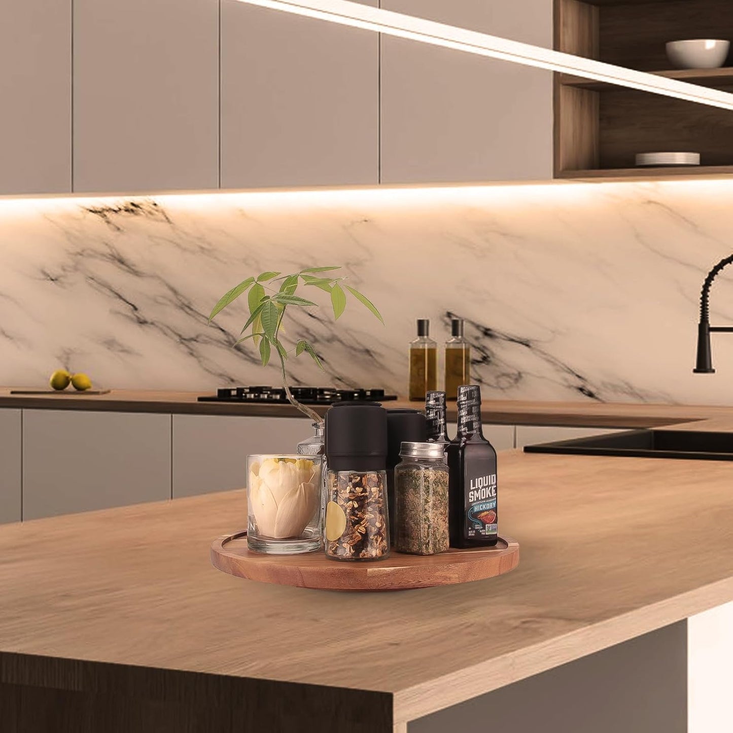 14 inch Wooden Lazy Susan Turntable, Acacia Wood Spinning Organizer for Dining Table, Cabinet, Fridge, countertop, Pantry