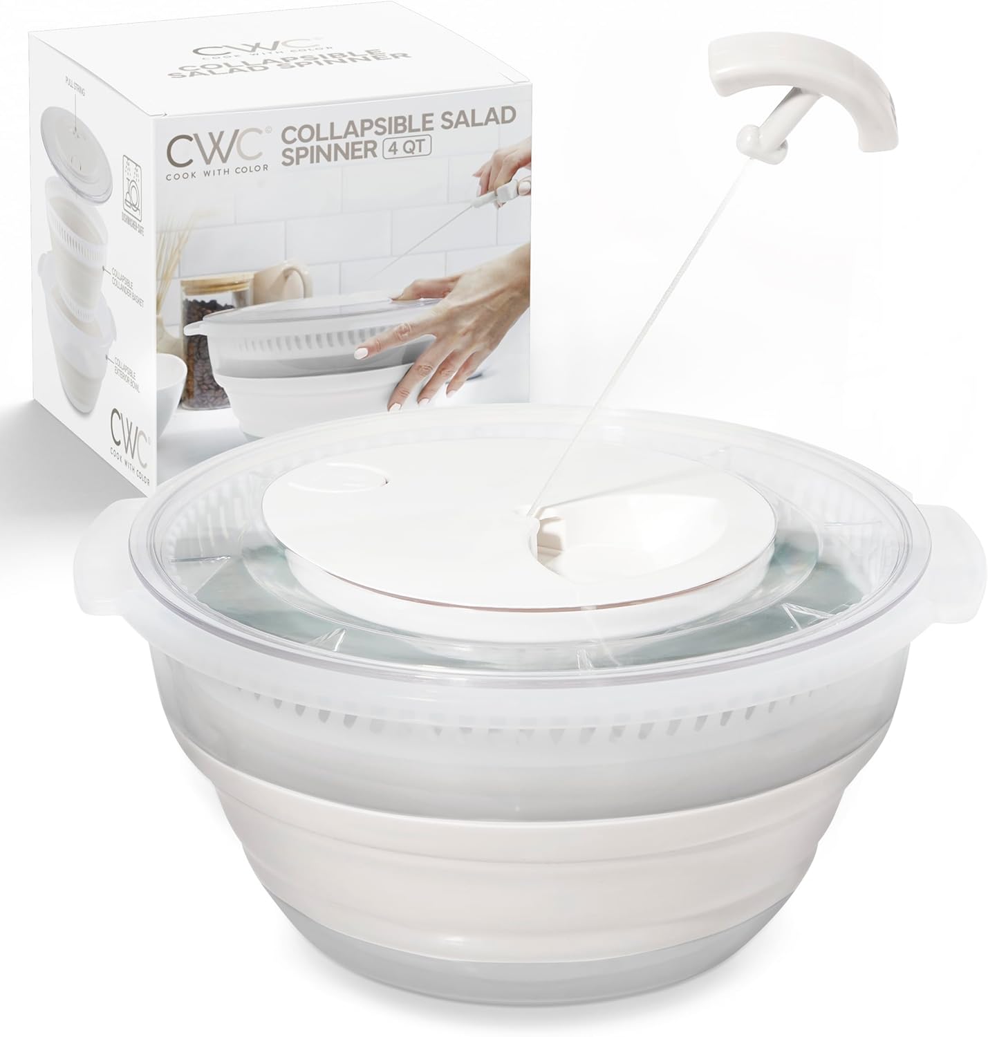 COOK WITH COLOR Collapsible Salad Spinner - 4 QT Space Saving Lettuce Dryer with Folding Collapsible Colander Great for Washing and Drying Fruit and Vegetables (White)