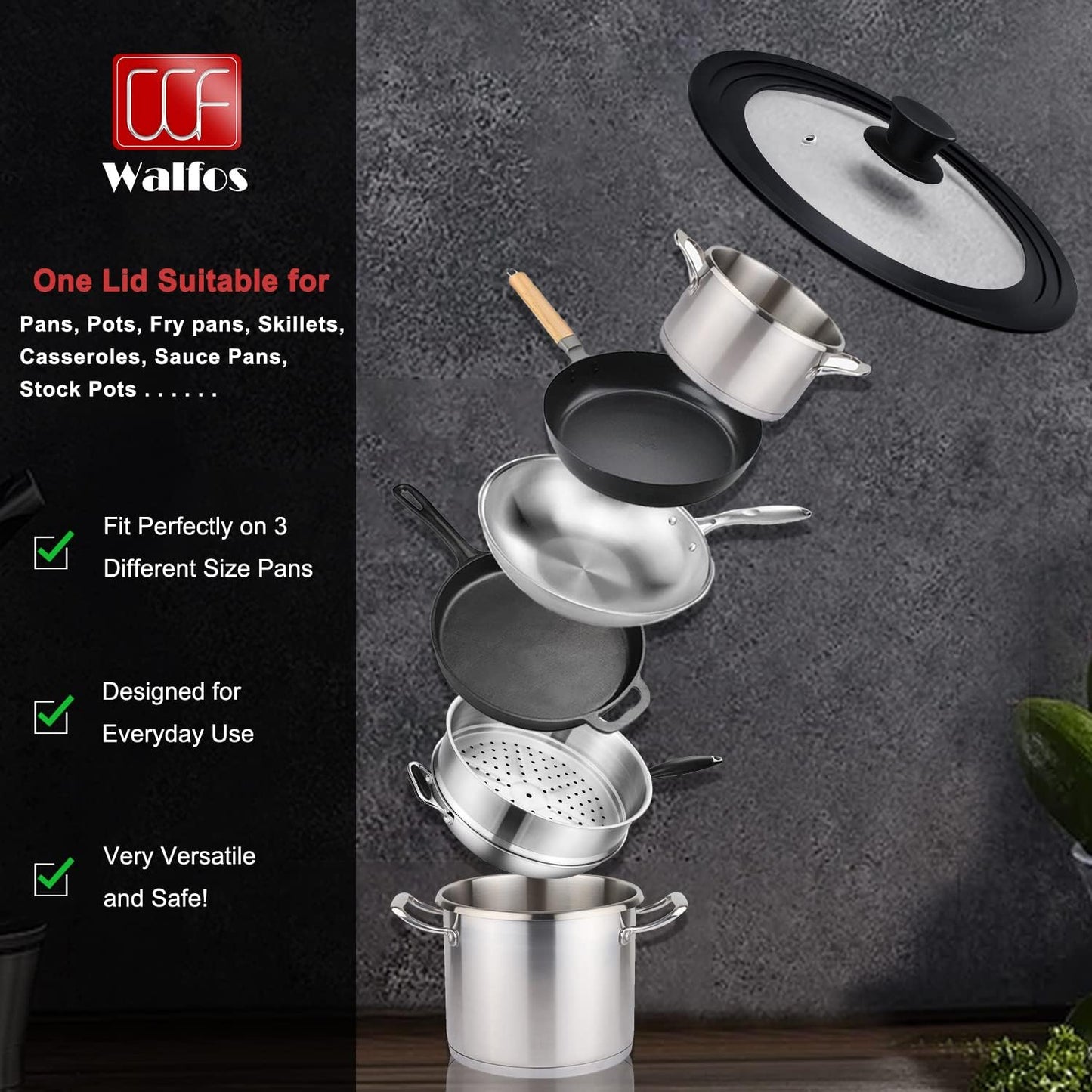 Walfos Universal Lids for Pots, Pans and Skillets - Tempered Glass with Heat Resistant Silicone Rim, Fits 6.5", 7" and 8" Diameter, 9.5", 10" and 11" Diameter Cookware（2PK）