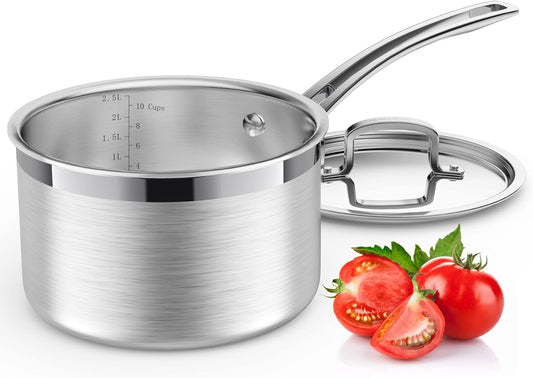 Tri-Ply Stainless Steel Sauce Pan with Lid, 3-Quart Saucepan Sauce Pot Multipurpose Use for Home Kitchen or Restaurant - Kitchen Cookware, Induction Pot, Dishwasher Safe & Oven Safe