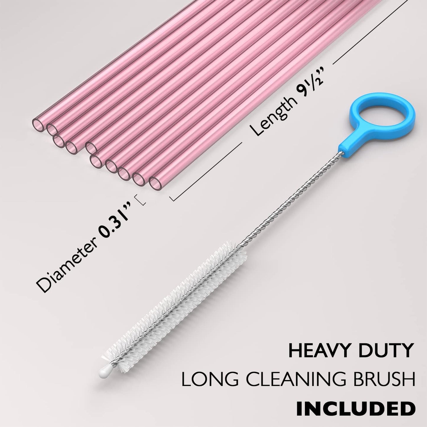 10 Long Reusable Hard Pink Plastic Drinking Straws, Medium Width + Sturdy Cleaning Brush - for Tumblers, Mason Jars, Smoothies and Milkshakes - Dishwasher Safe BPA Free