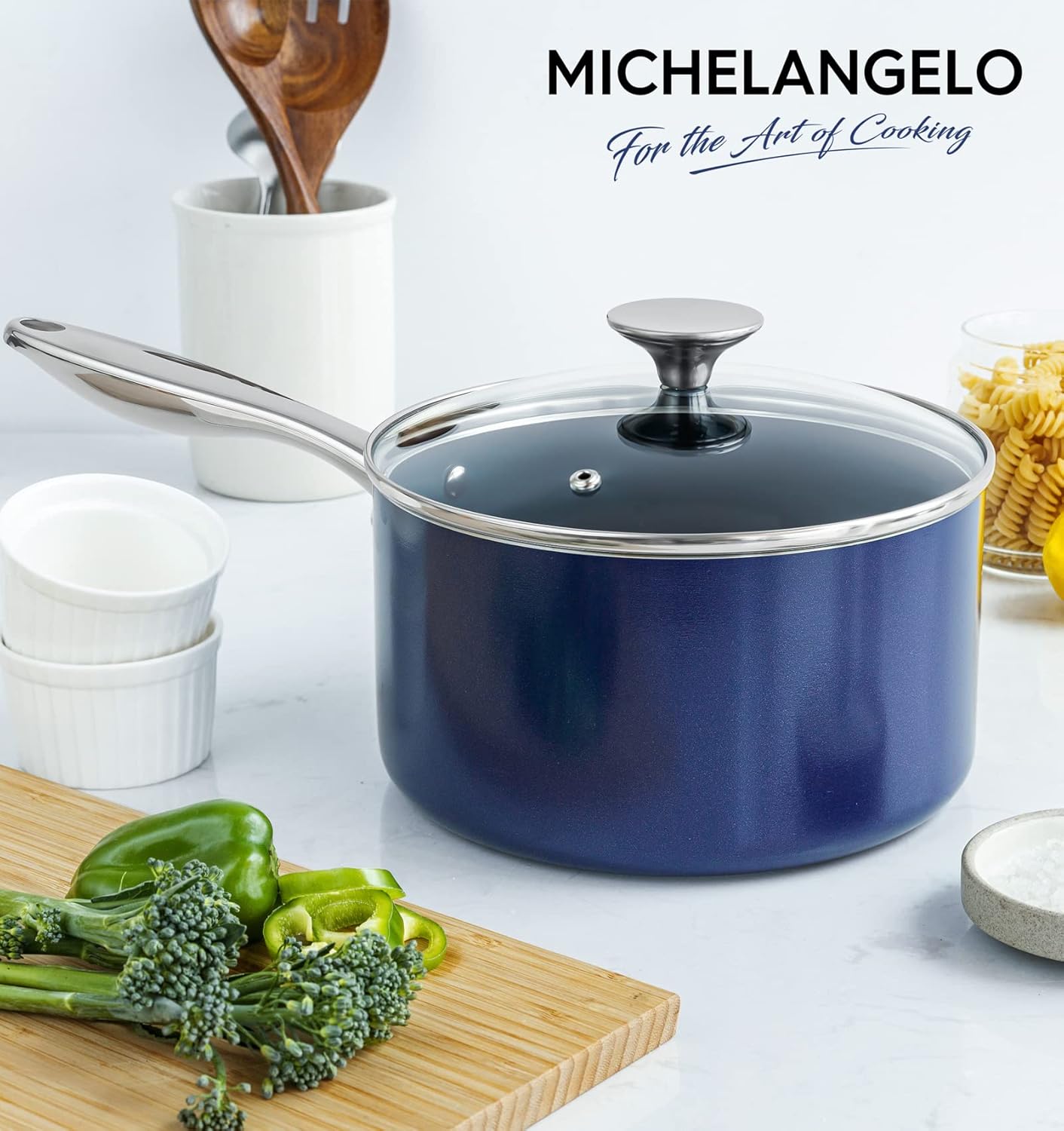 MICHELANGELO 3 Quart Saucepan with Lid, Nonstick Ceramic Sauce Pan with Stainless Steel Handle, 3 Qt Saucepan with Lid Induction Compatible, Oven Safe, Blue